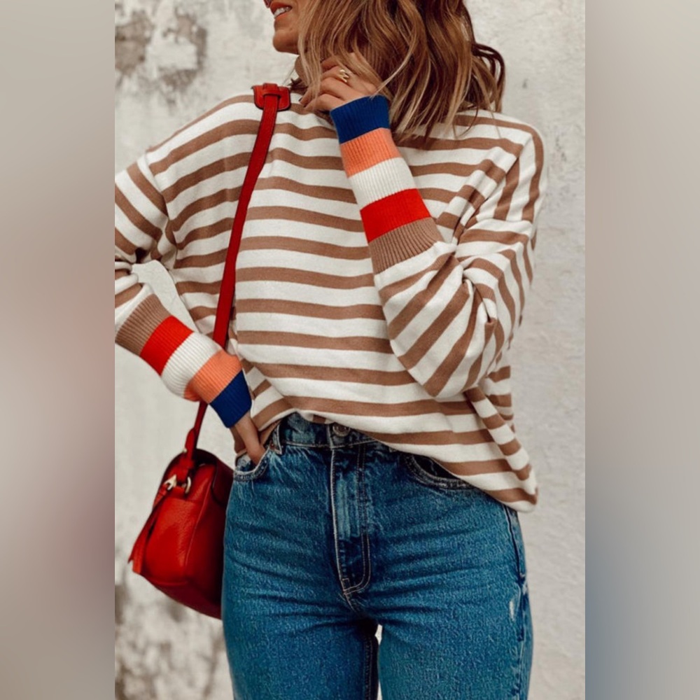 Karina- brown stripe colorblock bishop sleeve turtleneck sweater - Picture 2 of 3